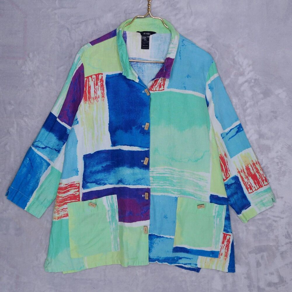 ALI MILES Art to Wear Linen Button Up Top Size XL Pockets Lagenlook Watercolor